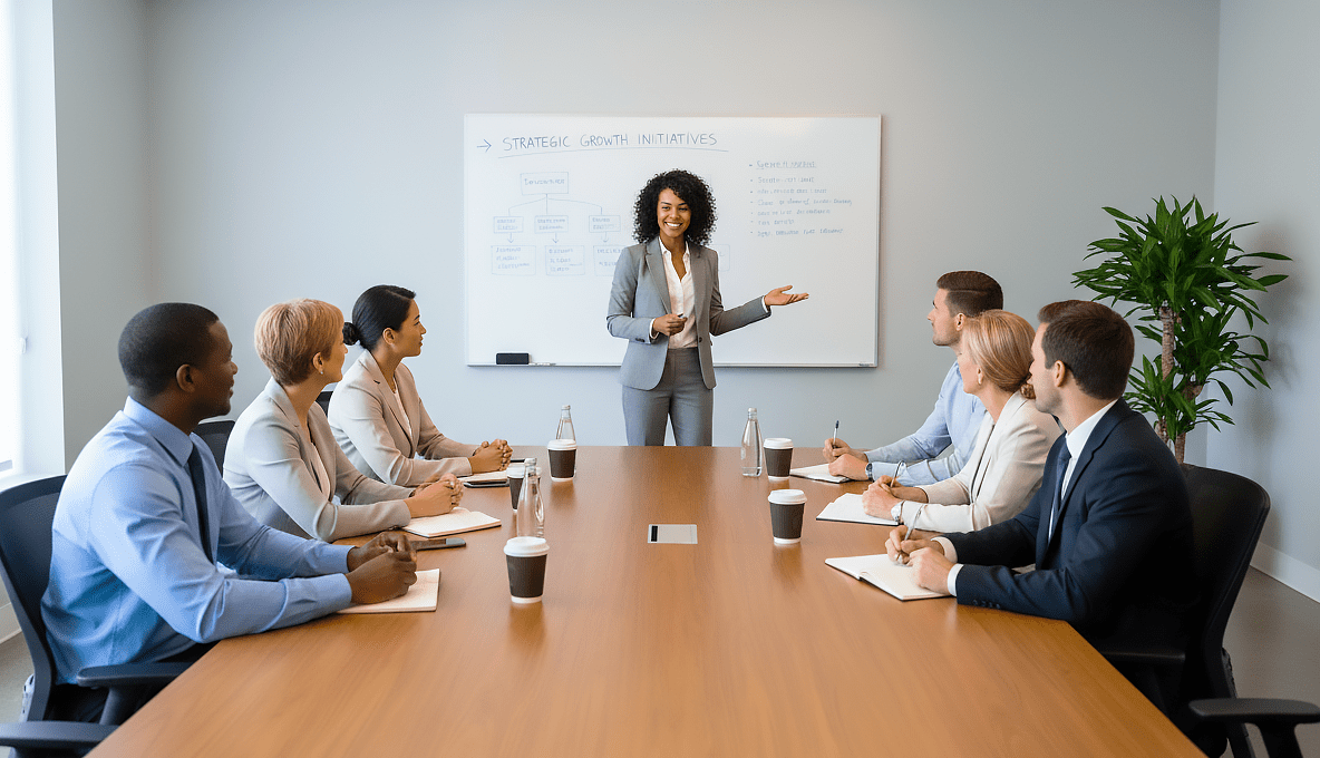 Facilitator leading a professional customer service training session with a business team in a conference room.