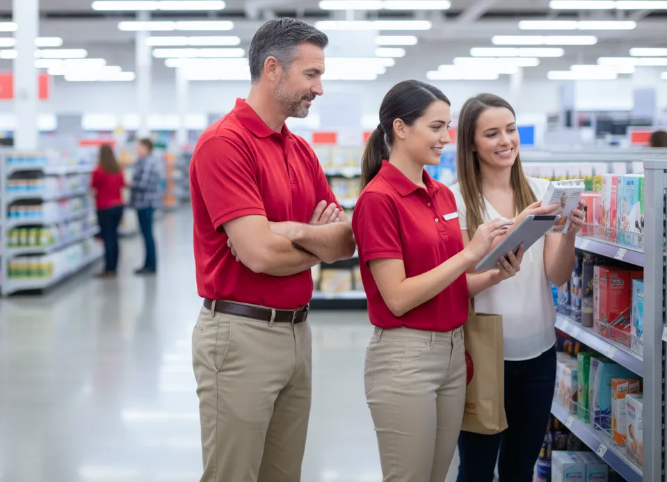 Performance coach providing real-time feedback to a frontline employee assisting a customer in a retail store