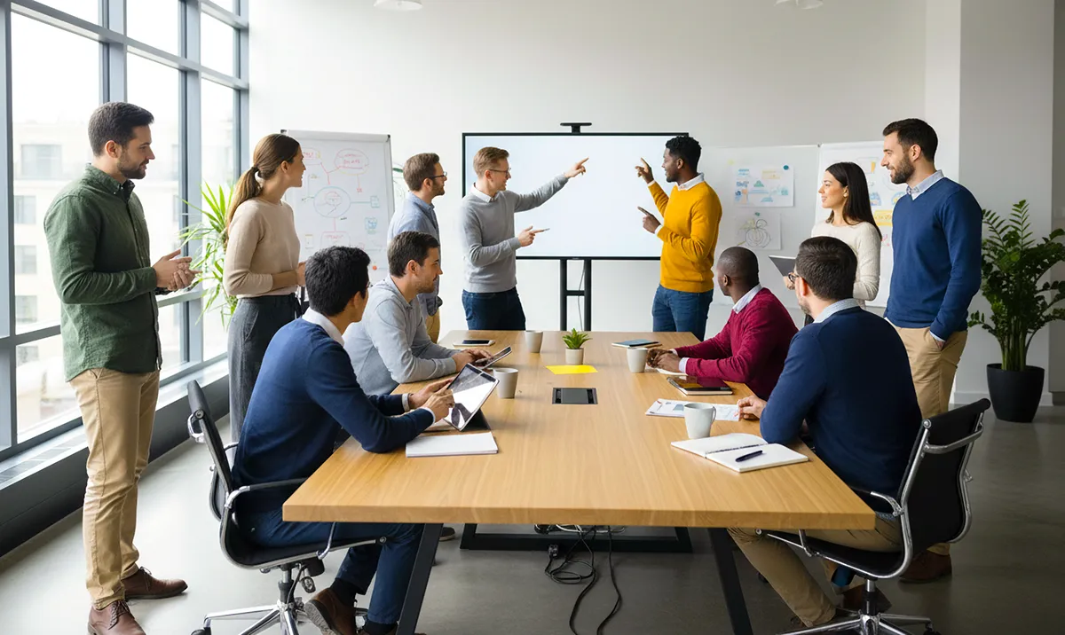 Business team collaborating in a leadership, strategy, and performance training workshop