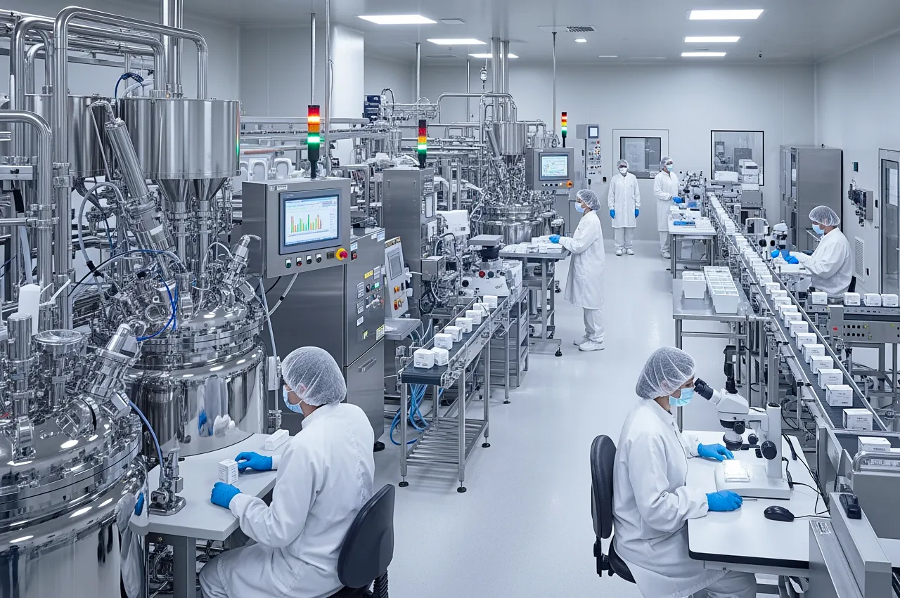 Automated pharmaceutical manufacturing facility with technicians monitoring production equipment in a cleanroom environment