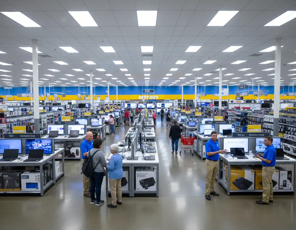 Big-box retail store floor with frontline associates assisting customers in a clean, organized, high-traffic environment