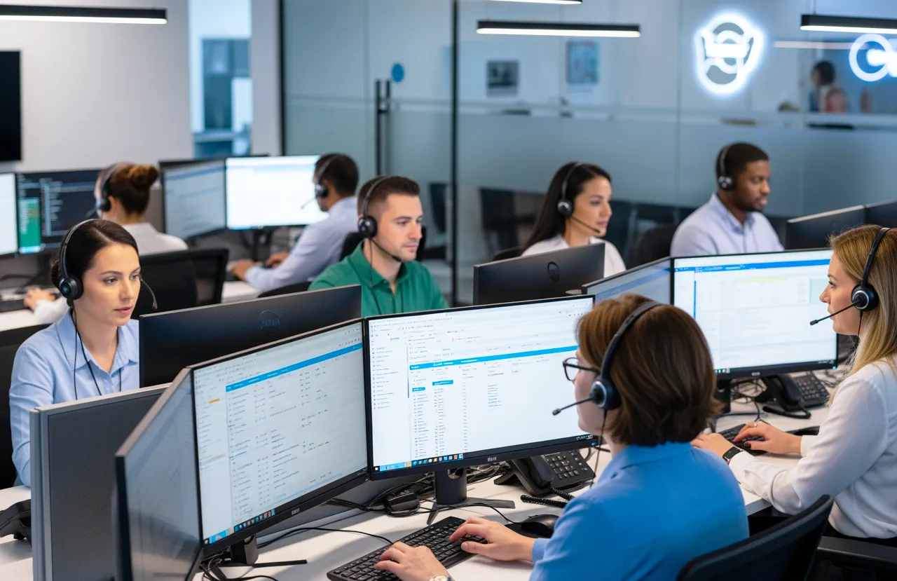 Call center service agents wearing headsets assisting customers at computer workstations