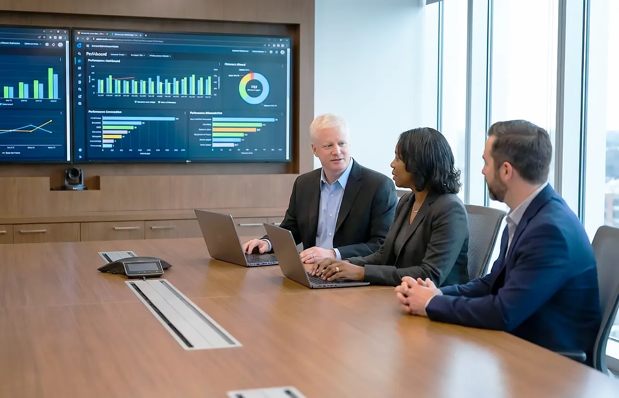 Executive Team Reviewing Performance Dashboards Boardroom