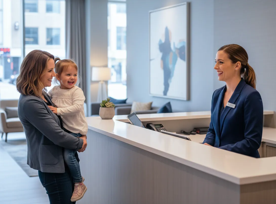 Frontline employee confidently assisting a customer at a modern service counter