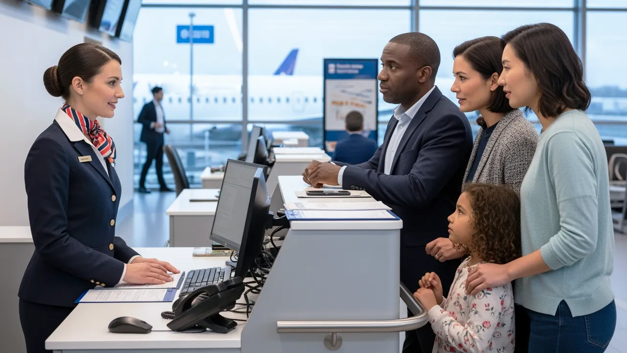 Hospitality professional assisting guests at a front desk with attentive customer service