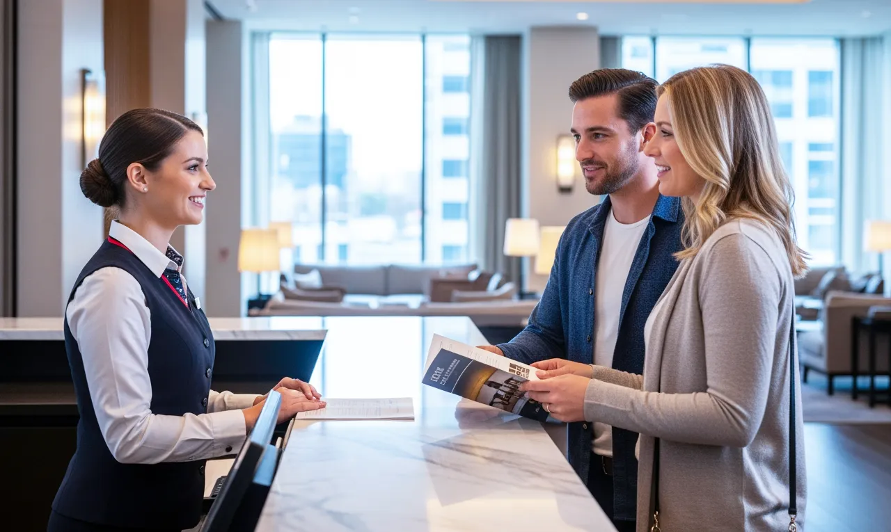 Hotel front desk professional assisting guests in a modern upscale lobby with attentive, personalized service