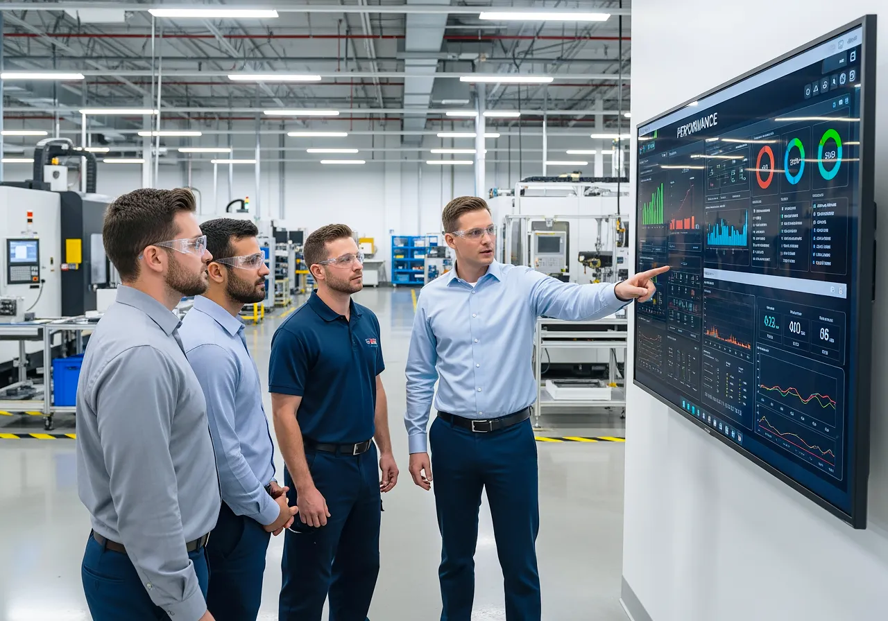 Manufacturing engineers and operators reviewing real-time performance
