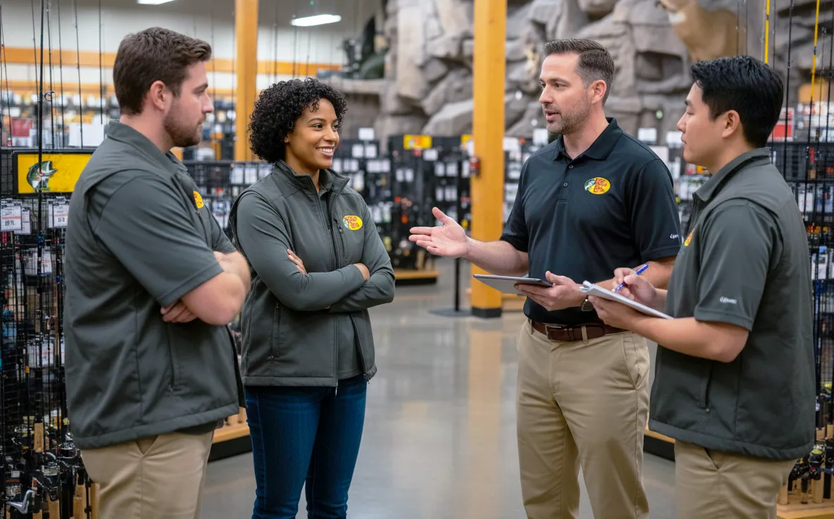 Store manager leading a team huddle with frontline employees in a retail environment, reinforcing performance and communication standards