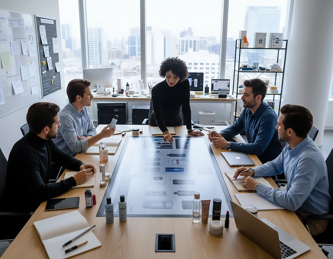 Product development team reviewing prototype designs and packaging concepts during concept to market execution process