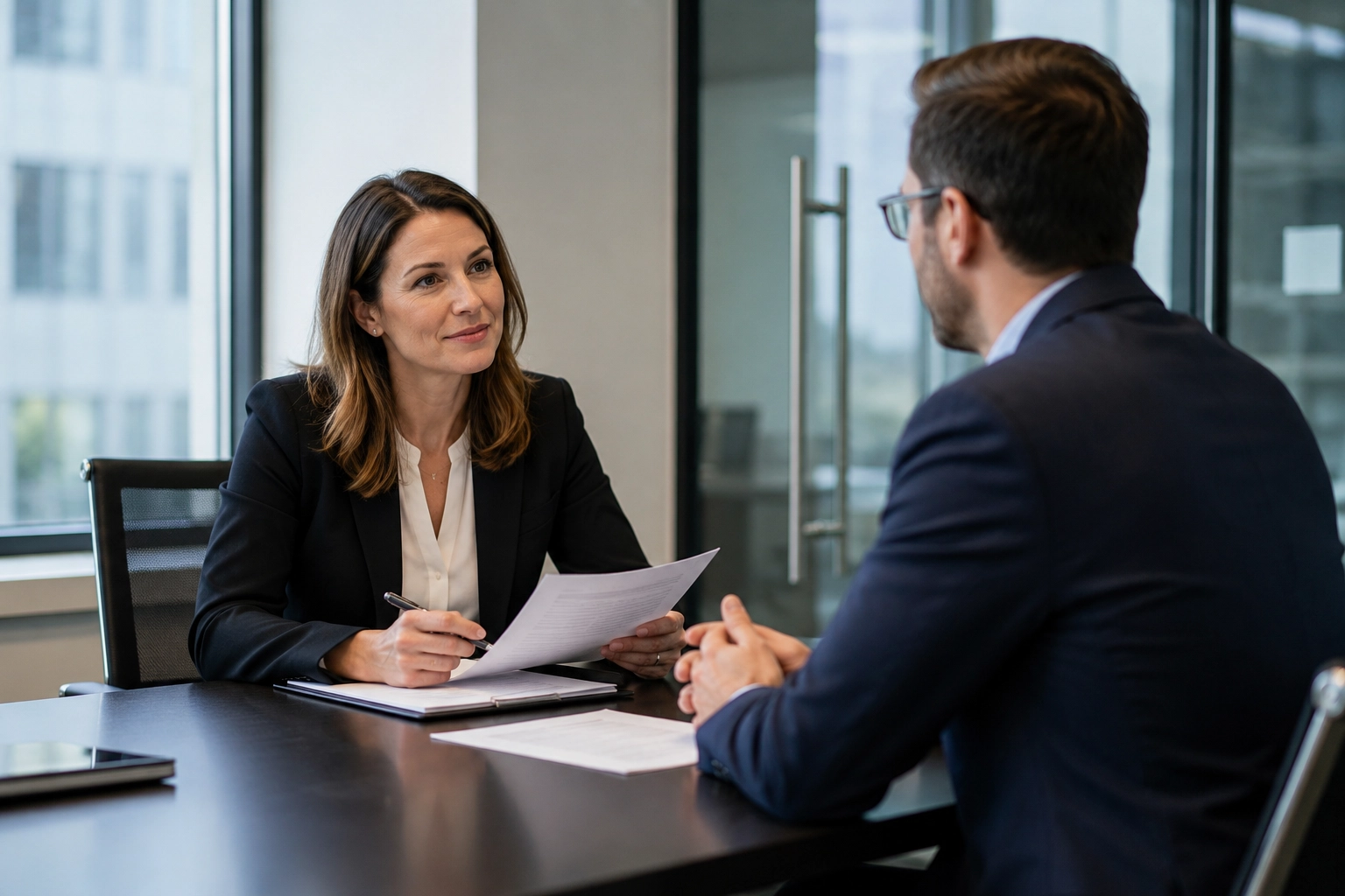 Professional recruiter interviewing a senior candidate during an executive search meeting in a modern office